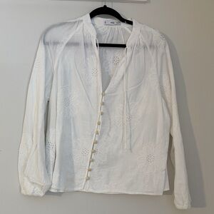 Mango White Eyelet Tie-Neck Button Blouse